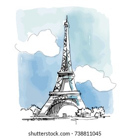 Eiffel Tower vector illustration. France, Paris. Hand drawn urban sketch. Ink, watercolor. Design for greeting card, poster.