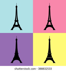 Eiffel tower vector illustration. Set of black eiffel tower silhouettes.