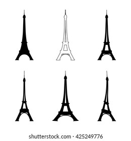 Eiffel tower vector illustration. Set of black eiffel tower silhouttes.