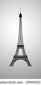 Eiffel tower vector image. Realistic silhouette. Symbol of Paris city. Isolated abstract graphic design template. National Holiday in France congrats concept. Black and white style. Frontal view.