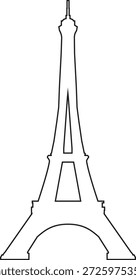 Vektorgrafik des Eiffelturms. Minimalistisches Pariser Wahrzeichen-Symbol mit schwarzen Linien, einzeln auf Weiß. Architektonische Grafik für Reisebüros, Tourismus-Branding und Pariser Dekor.