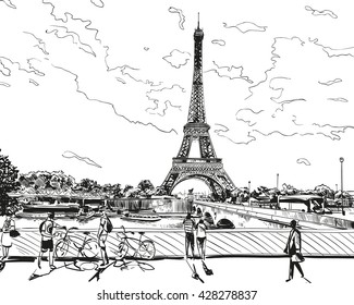 Eiffel Tower vector sketch. Paris, France. Hand drawn vector illustration