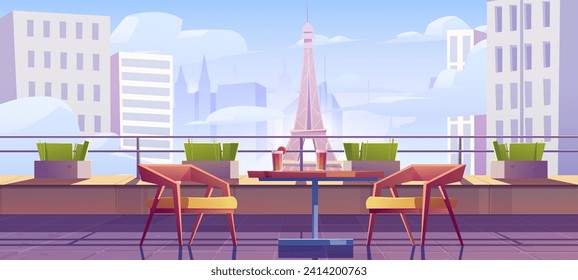 Eiffel tower view from big balcony or roof top with cocktail in glass on table and couple of chairs. Cartoon vector illustration of romantic holiday in Paris. French cafe terrace in famous landscape.