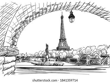 Eiffel tower view from Bir-Hakeim bridge Vector sketch, landmark of Paris, Hand drawn illustration black and white