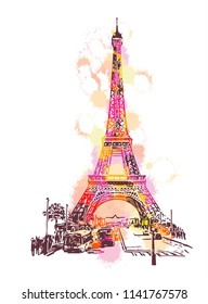 Eiffel Tower. Watercolor Illustration. Vector Template. 