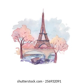 The Eiffel tower. Watercolor landmark sketch with famous monument in capital of France. Vector artistic illustration