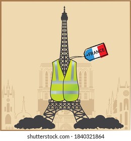 
Eiffel Tower wearing a yellow vest. Concept illustration of France yellow vest 