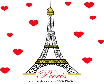 The Eiffel Tower with white background and red hearts. Paris, France. VECTOR.