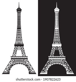 Eiffel Tower White and Black set. Vector silhouettes icons illustrations.