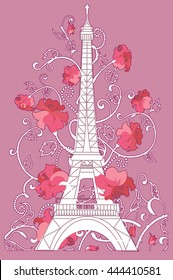 Eiffel tower white vector silhouette on pink background