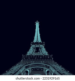 Eiffel Tower wireframe with glowing lights from blue lines isolated on dark background. Bottom view. 3D. vector illustration.