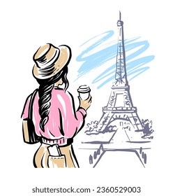 Eiffel Tower and women with coffee. France sketch