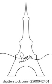 Eiffel Tower. Word Paris in the center of the tower. Wavy lines on the edges of the text. Sketch. Colorless contour of Paris landmark. Vector illustration. Outline on an isolated background. 