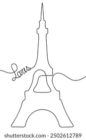 Torre Eiffel y palabra París en una línea. Boceto. Ilustración vectorial. Esquema sobre fondo aislado. Un estilo de línea. 