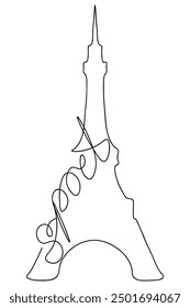 Eiffel Tower and word sport in one line. Sketch. Handwriting lettering on the side of the tower. Vector illustration. Line art style. Outline on isolated background. Paris landmark. 