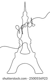 Eiffel Tower. The word Sport is written on the background of the tower. Sketch. Vector illustration. Line art style. Outline on isolated background. The outline has a beginning and an end. 