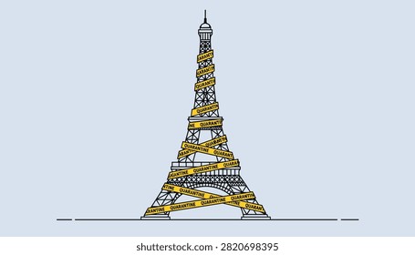 Eiffel Tower wrapped in yellow quarantine caution tape, symbolizing lockdown, pandemic restrictions, and travel bans in Paris, France.