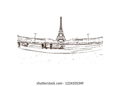 The Eiffel Tower is a wrought iron lattice tower on the Champ de Mars in Paris, France. Hand drawn sketch illustration in vector.
