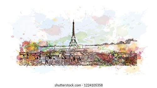 The Eiffel Tower is a wrought iron lattice tower on the Champ de Mars in Paris, France. Watercolor splash with Hand drawn sketch illustration in vector.