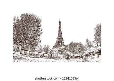 The Eiffel Tower is a wrought iron lattice tower on the Champ de Mars in Paris, France. Hand drawn sketch illustration in vector.