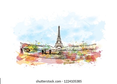The Eiffel Tower is a wrought iron lattice tower on the Champ de Mars in Paris, France. Watercolor splash with Hand drawn sketch illustration in vector.