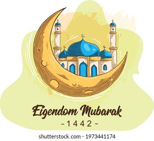 Eigendom Mubarak language Netherlands greeting card design with mosque and moon illustration