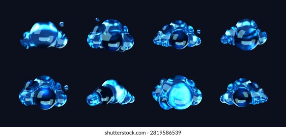 Eight 3D rendered glossy blue liquid clouds arranged in a grid on a dark background. High detail abstract metallic bubble shapes representing cloud computing and digital data storage technology.