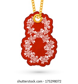 Eight 8 of march. Label tag hanging on golden chain. Red design element isolated on white. Vector illustration
