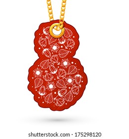 Eight 8 of march. Label tag hanging on golden chain. Red design element isolated on white. Vector illustration