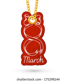 Eight 8 of march. Label tag hanging on golden chain. Red design element isolated on white. Vector illustration