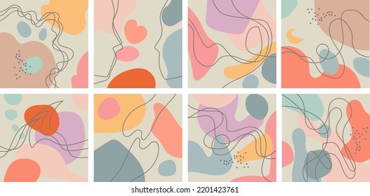 Eight abstract backgrounds. Each background is isolated. Colored abstract figures and doodles in pastel colors.  Fashionable vector illustrations.