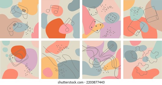Eight abstract backgrounds. Symbols of interesting hobbies, hobbies on the background of abstract figures in pastel colors. Each background is isolated. Fashionable vector illustrations