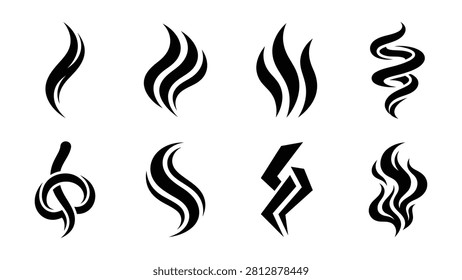 Eight abstract black graphic design elements on a white background