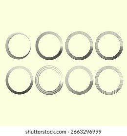 Oito círculos abstratos. Tiras de meio-tom. Fundo de creme amarelo. Formas decorativas vetoriais.