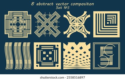 Eight abstract square compositions with various decorative additions. Version 3. Vector set