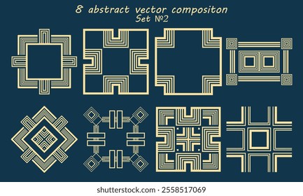 Eight abstract square compositions with various decorative additions. Version 2. Vector set