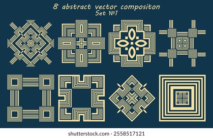 Eight abstract square compositions with various decorative additions. Vector set