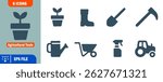 Eight Agricultural Tools Icons Plant, Boots, Shovel, Hoe, Watering Can, Wheelbarrow, Spray Bottle,
