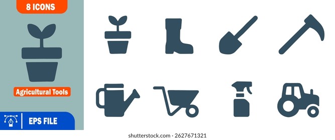 Eight Agricultural Tools Icons Plant, Boots, Shovel, Hoe, Watering Can, Wheelbarrow, Spray Bottle,