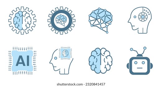 Eight AI icons, symbols. Set of 8 Artificial intelligence lined style, cybernetic, ai, head, technology vector