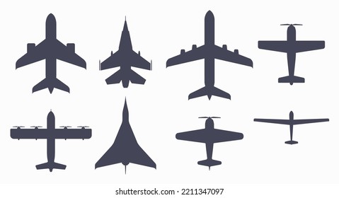 Ocho aviones de diferentes tipos de silueta de avión. Pasajeros y militares. Jet y hélice. Icono de la vista superior de la aeronave. Ilustración vectorial plana aislada en fondo blanco.