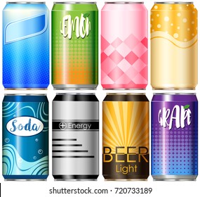 Eight aluminum cans with different designs illustration