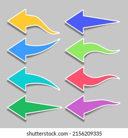Eight arrow stickers in different colors with vector shadow.