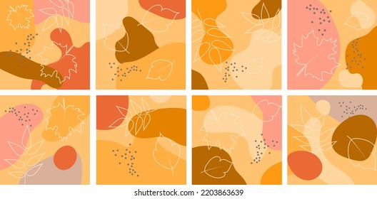 Eight autumn abstract backgrounds. Autumn leaves on the background of abstract figures in pastel colors. Each background is isolated.  Fashionable modern vector illustrations.