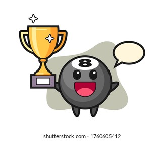 Eight ball billiard cartoon happy holding up the golden trophy