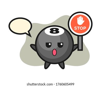 Eight ball billiard cartoon holding a stop sign