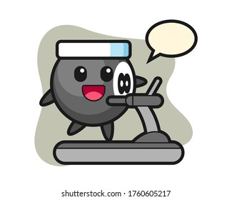 Eight ball billiard cartoon walking on the treadmill