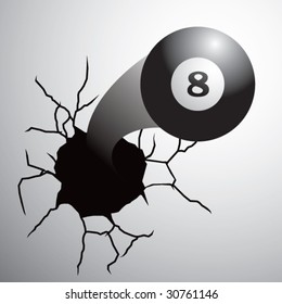 eight ball coming out of cracked wall