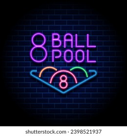 Eight ball neon sign. Billiard pool room Design template Bright neon emblem, logo for Billiard Club, Bar, Tournament. Light banner, night sign vector Illustrations