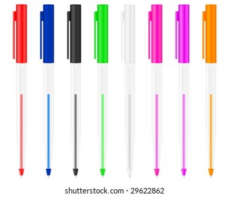 Eight ballpoints on the white background. Vector illustration.